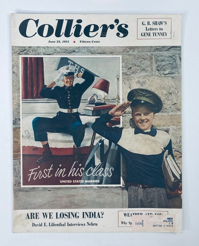 VTG Collier's Magazine June 23, 1951, featuring a cover illustration of United States Marines, with the text 'First in his class' and the question 'Are We Losing India?'
