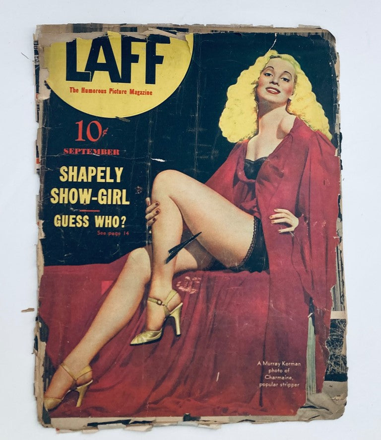 Cover of VTG Laff Magazine September 1942 featuring Charmaine, a popular stripper, characterized by vibrant colors and vintage design.