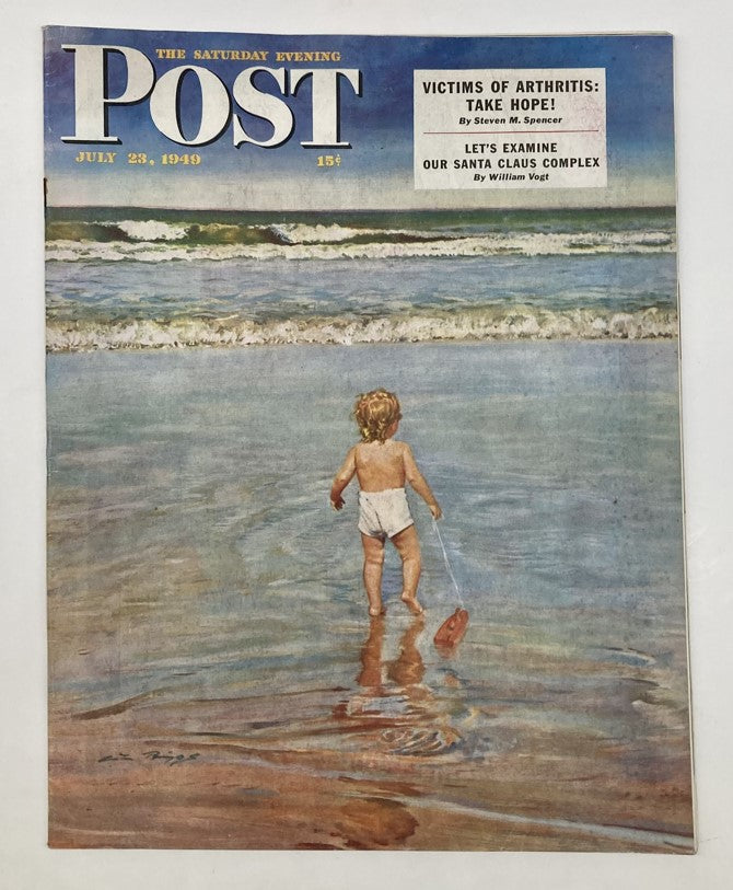 Illustrated cover of the Saturday Evening Post Magazine from July 23, 1949, featuring a child walking along the shore, showcasing the artistic style of Austin Briggs.