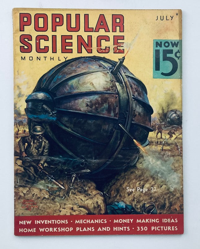 Cover of the Popular Science Monthly Magazine from July 1936, themed 'When Machines Get Rhythm', featuring a captivating illustration of a mechanical sphere amidst a warzone. Includes text highlighting 'New Inventions', 'Mechanics', and 'Money Making Ideas', priced at 15 cents.