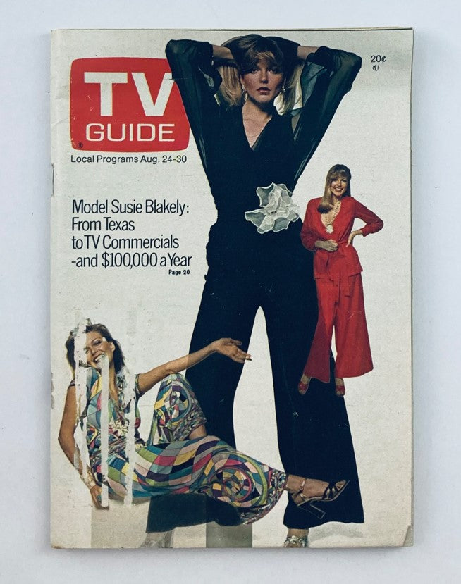 Front cover of TV Guide Magazine, August 24, 1974, Issue #1117 featuring model Susie Blakely. The cover highlights her journey from Texas to TV commercials and includes colorful visuals with bold text and images.