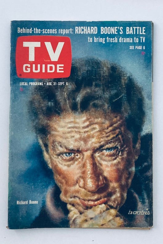 Cover of TV Guide Magazine from August 31, 1963, issue #544 featuring Richard Boone. The magazine highlights Richard Boone's role and includes local programming information, showcasing a vintage piece of television history.
