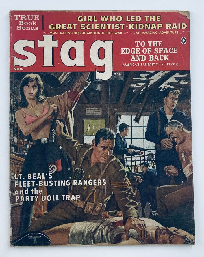 Cover of VTG Stag Magazine November 1961 titled 'To The Edge of Space and Back,' featuring a dramatic illustration with characters involved in adventure, showcasing the vintage style and cultural themes of the early 1960s.
