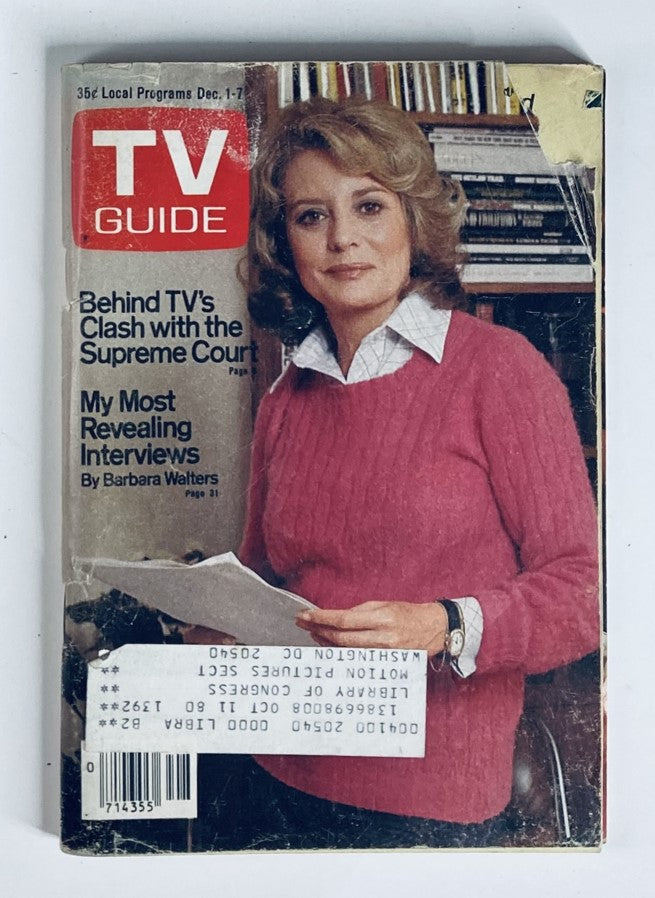 Cover of TV Guide Magazine December 1, 1979, Issue #1392 featuring Barbara Walters, showcasing her in a pink sweater with headlines about her revealing interviews and television's clash with the Supreme Court.