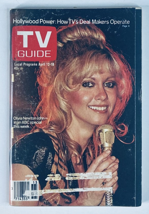 TV Guide Magazine April 12 1980 featuring Olivia Newton-John on the cover, showcasing her as a prominent figure in 1980s pop culture.