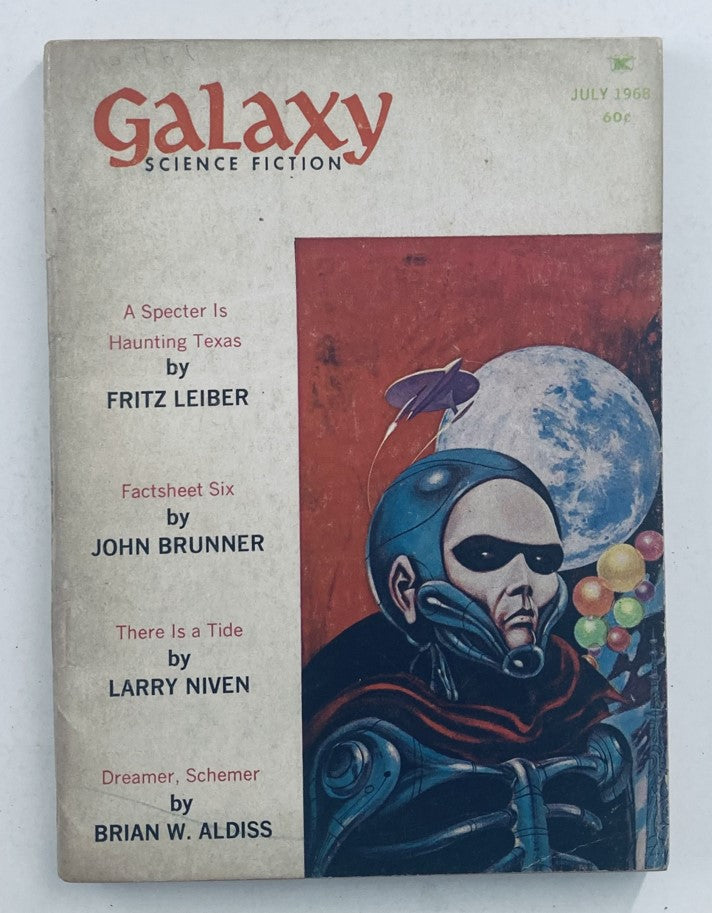 Cover of Galaxy Science Fiction Magazine July 1968 featuring 'A Specter is Haunting Texas' by Fritz Leiber and illustrations related to science fiction themes.