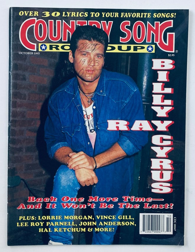 Cover of Country Song Roundup Magazine from October 1993 featuring Billy Ray Cyrus, showcasing articles about country music artists and songs from the early 90s.