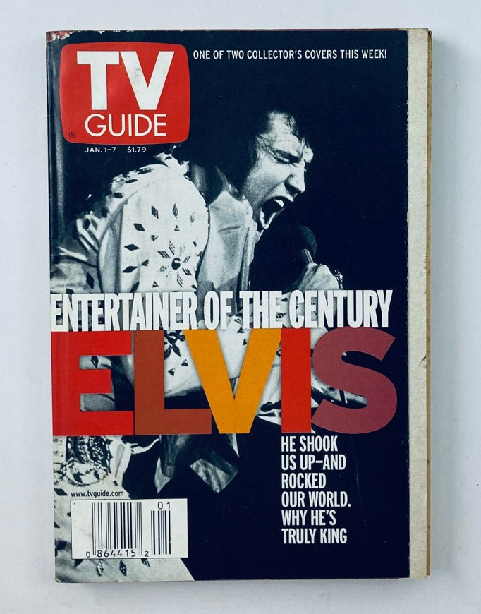 TV Guide Magazine cover from January 1, 2000, featuring Elvis Presley, titled 'Entertainer of the Century' with an iconic photo of Elvis performing, highlighting his impact on music.