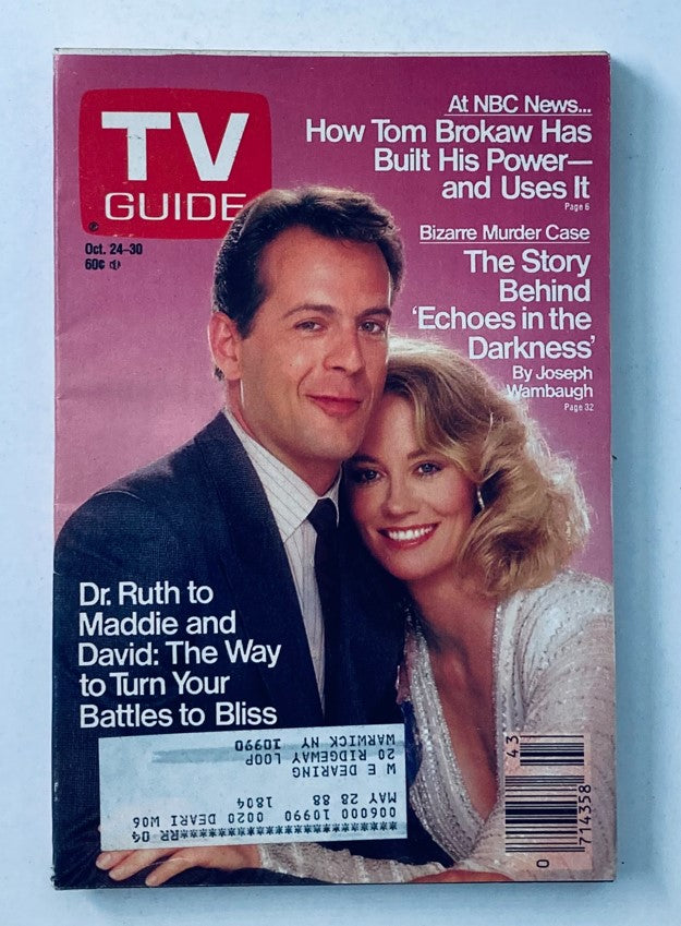 TV Guide Magazine from October 24, 1987 featuring Bruce Willis and Cybill Shepherd on the cover, showcasing their iconic roles in television during the late 80s.