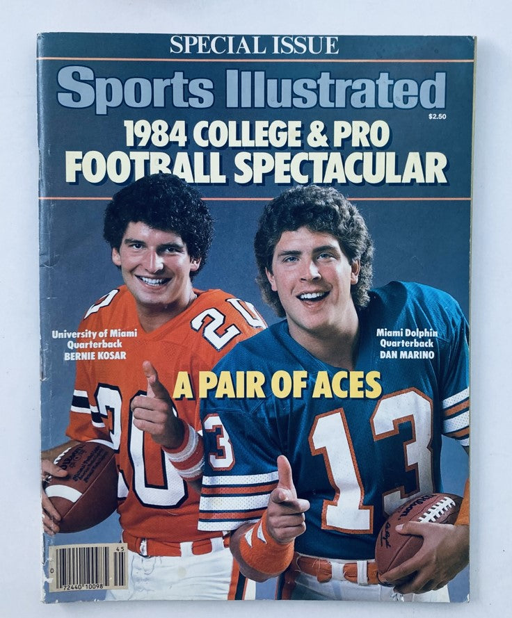 Vintage Sports Illustrated magazine cover from 1984 showcasing Bernie Kosar and Dan Marino, titled 'VTG Sports Illustrated Magazine 1984 Bernie Kosar, Dan Marino No Label'. The cover highlights the special football issue featuring these legendary quarterbacks.