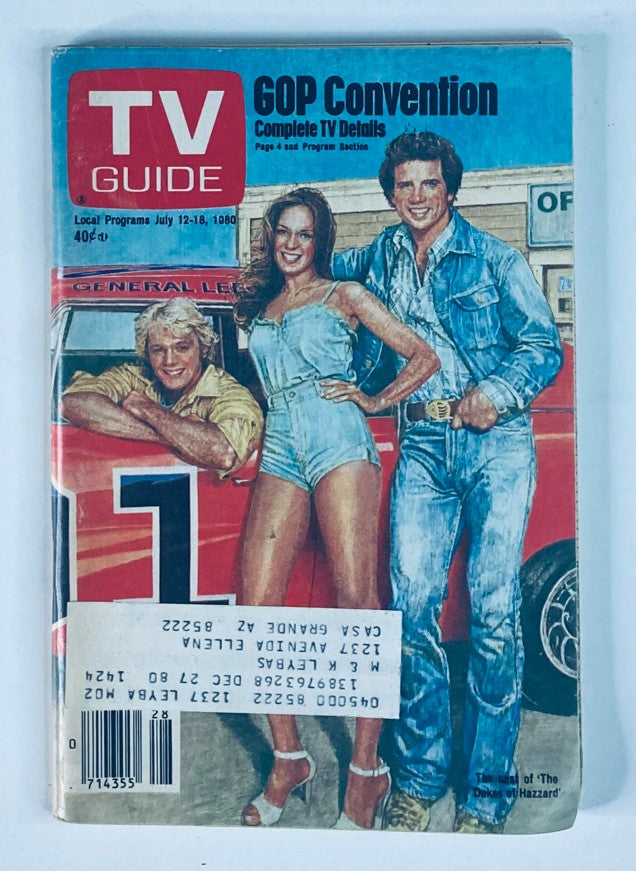 TV Guide Magazine cover from July 12, 1980 featuring John Schneider and Catherine Bach, showcasing nostalgic TV culture with vibrant colors and iconic characters.