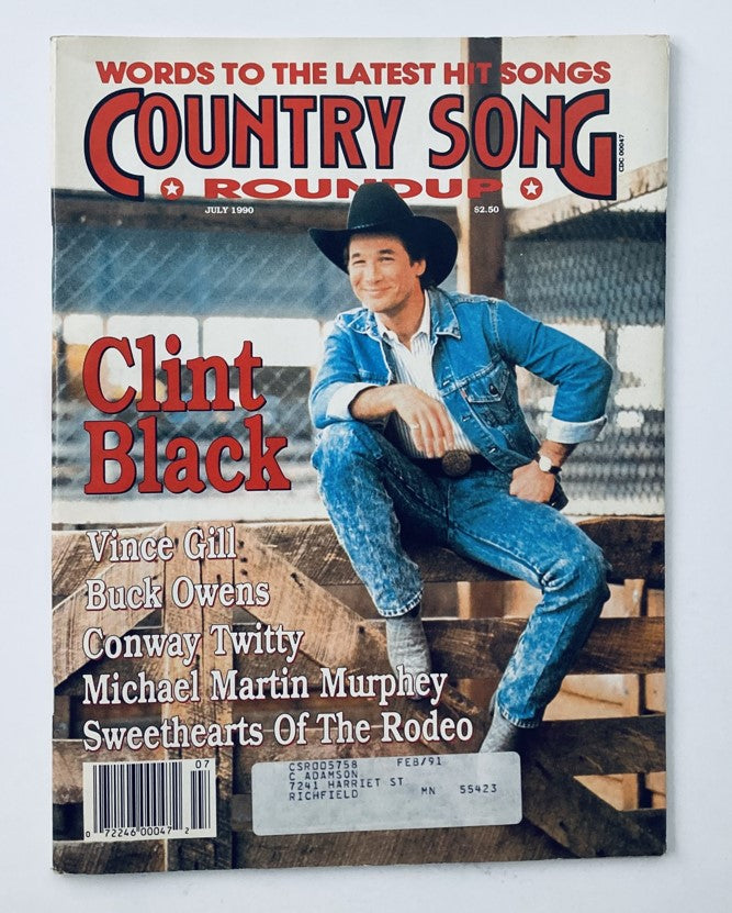 Cover of the VTG Country Song Roundup Magazine July 1990 featuring Clint Black, with headlines about Vince Gill and other country artists.