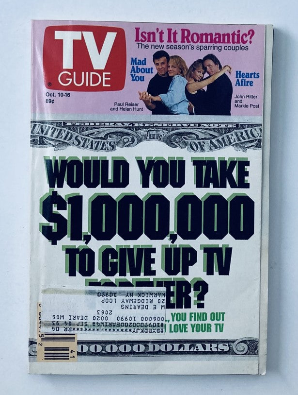 Cover of TV Guide Magazine from October 10, 1992 featuring Paul Reiser and Helen Hunt from Mad About You, alongside text asking ‘Would you take $1,000,000 to give up TV forever?’ and emphasizing the sitcoms of the era.