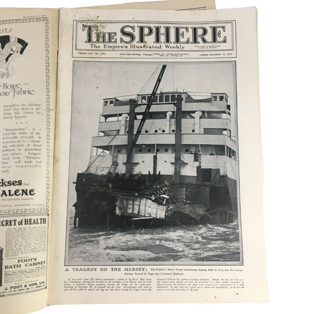 The Sphere Newspaper December 27 1927 featuring the headline 'A Tragedy on The Mersey' with an image of a damaged ship, representing historical journalism and vintage collectibles.