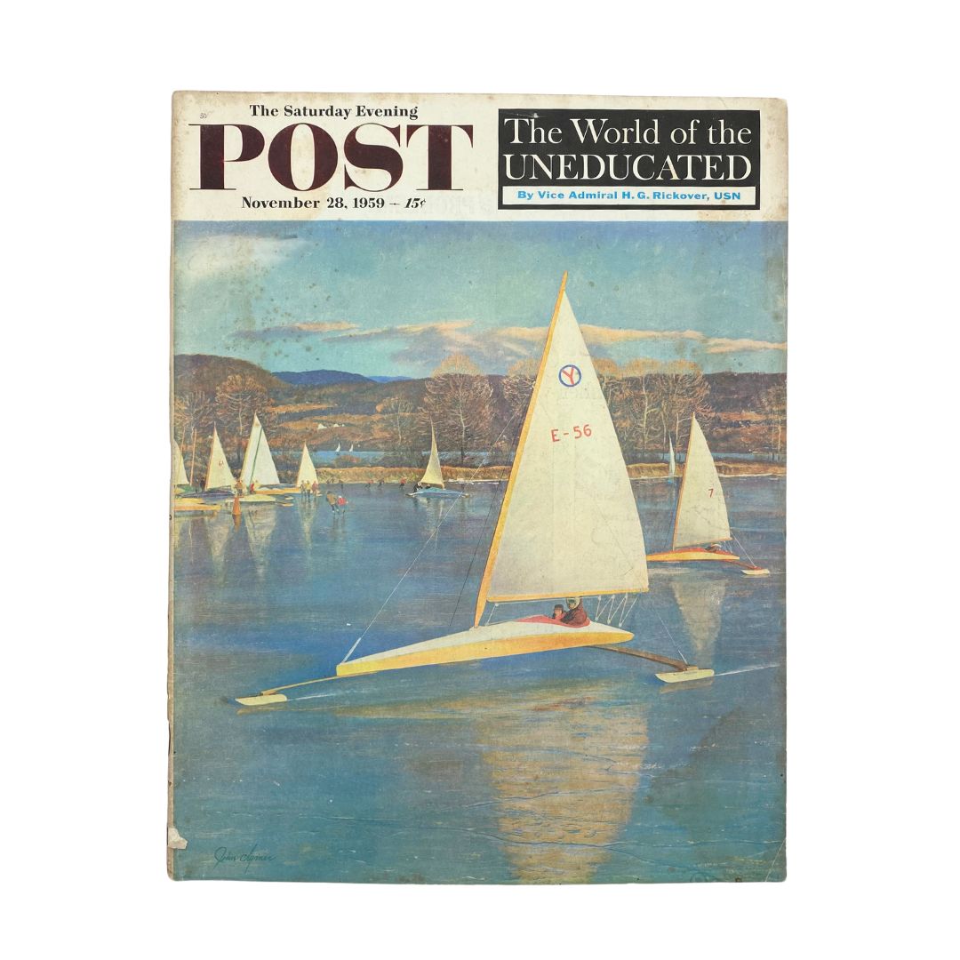 Cover of Saturday Evening Post Magazine, November 28, 1959, featuring 'Ice Mirror' artwork by Clymer, showcasing a winter scene with sailboats on a lake.