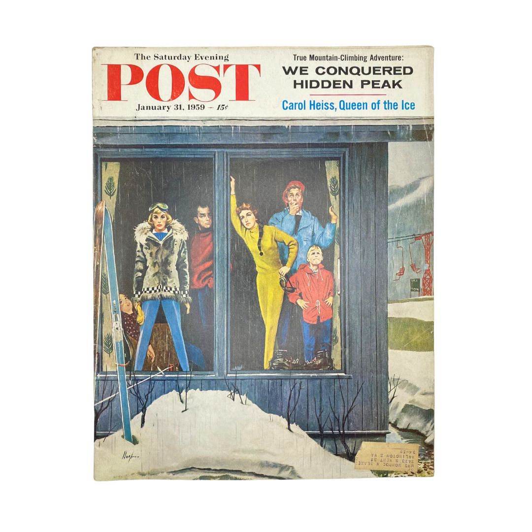 Cover of Saturday Evening Post Magazine January 31 1959 featuring the artwork 'Mount Skyhigh' by George Hughes, depicting a group of people in winter attire watching from a window.