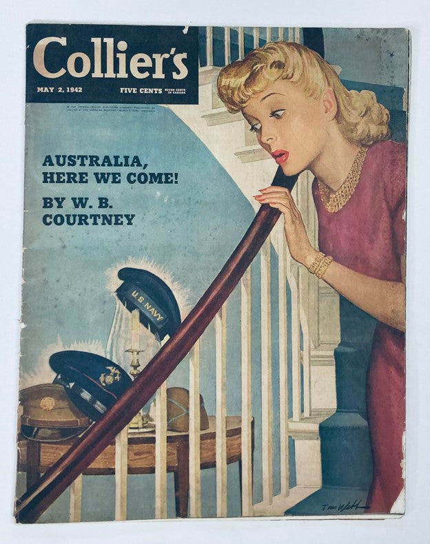 Cover of VTG Collier's Magazine May 2 1942 featuring the article 'Australia Here We Come' by W.B. Courtney, showcasing a woman leaning on a banister.