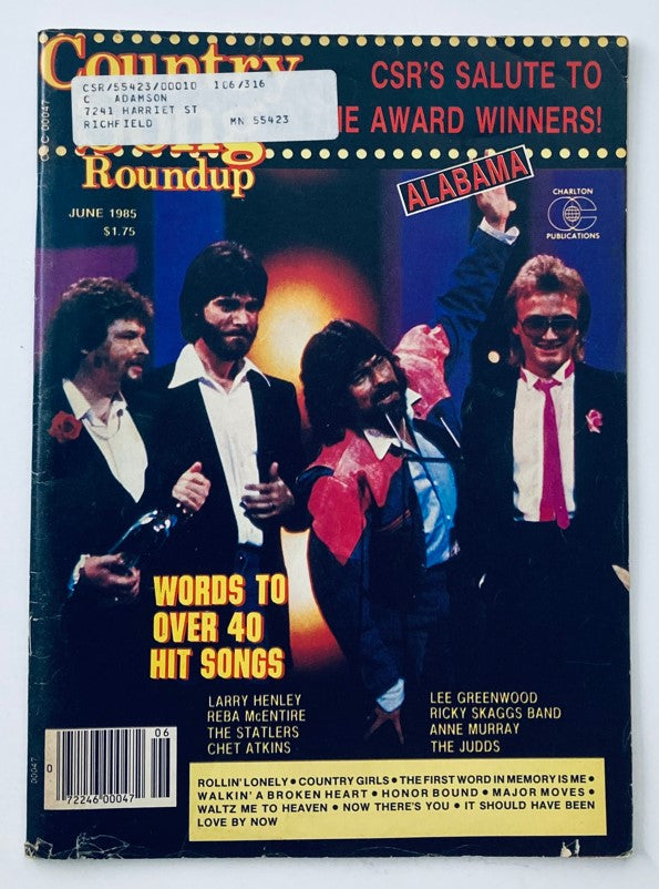 Cover of the VTG Country Song Roundup Magazine from June 1985 featuring Alabama and Larry Henley, showcasing colorful design and text including 'CSR's Salute to Award Winners!' and listing iconic country artists.