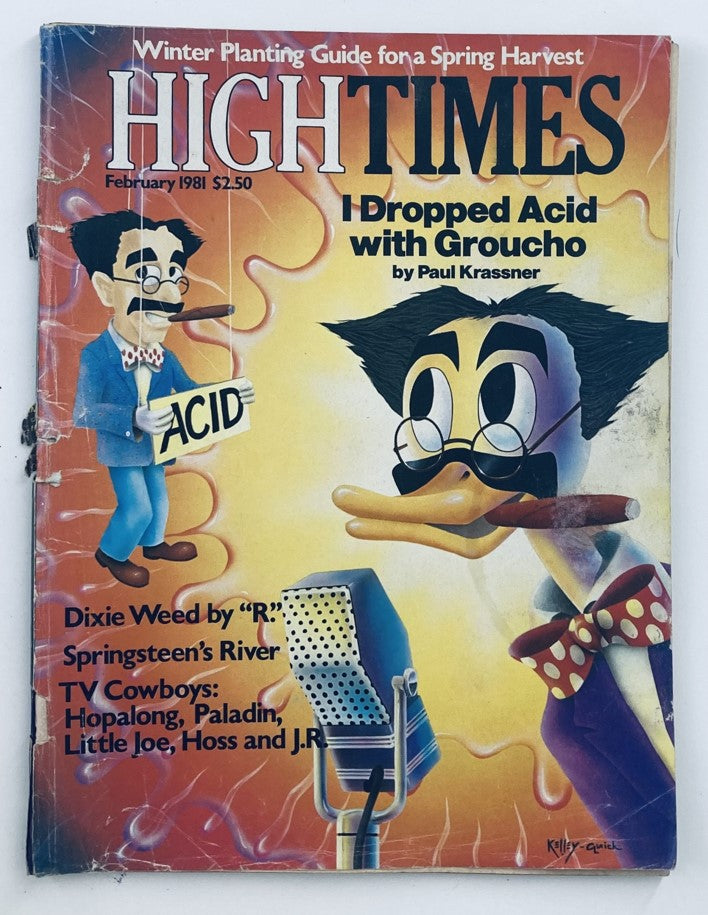 Cover of VTG High Times Magazine February 1981 #66 featuring the article 'I Dropped Acid with Groucho.' The cover includes colorful artwork with characters and the magazine's title prominently displayed.