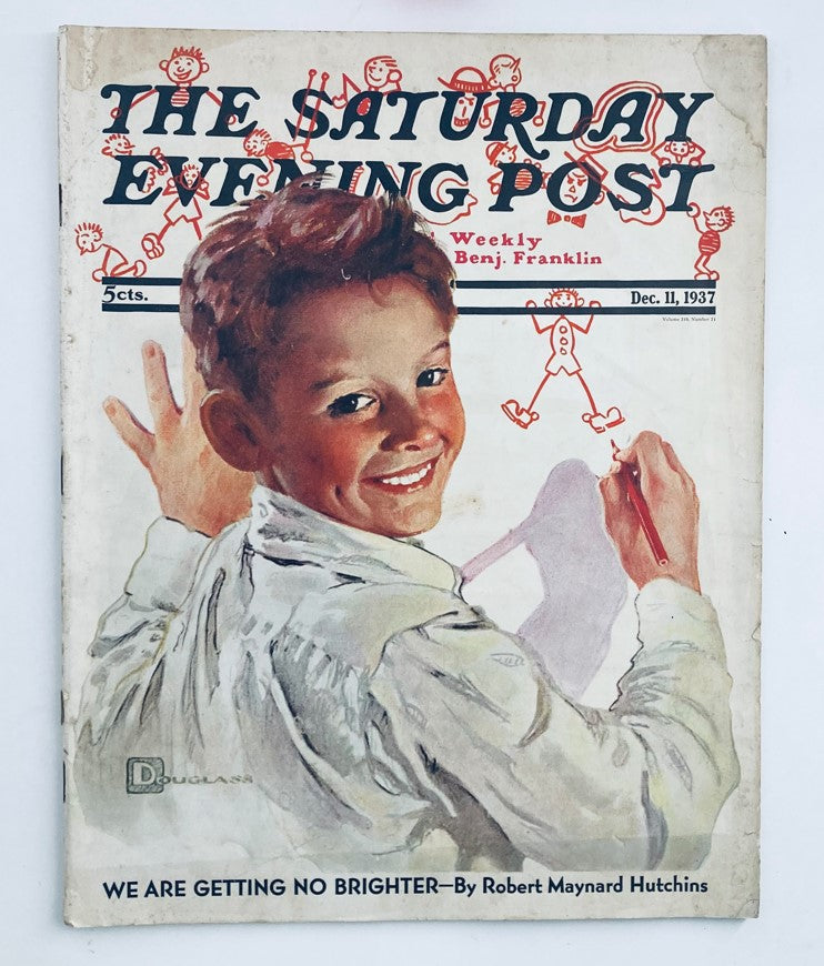 Cover of The Saturday Evening Post Magazine from December 11, 1937, featuring a joyful young boy smiling while holding a red pencil, associated with the article 'We Are Getting No Brighter' by Robert Maynard Hutchins.