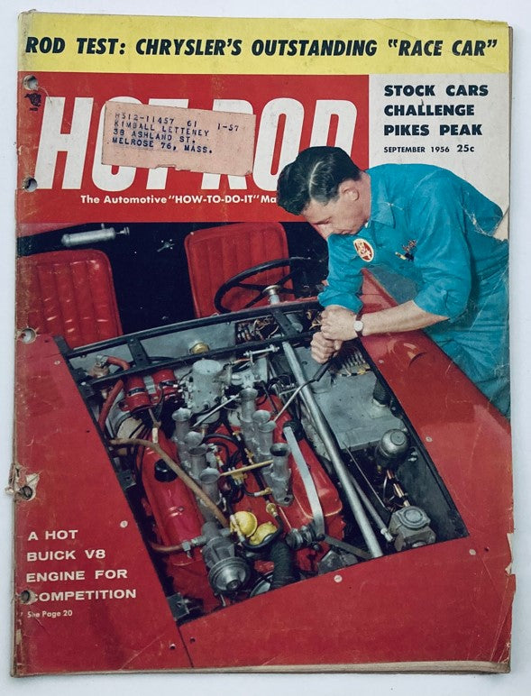 Cover of VTG Hot Rod Magazine, September 1956, featuring a Buick V8 engine for competition and a mechanic working on a car.