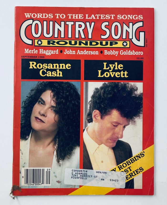 Cover of the Country Song Roundup magazine from September 1988, featuring Roseanne Cash and Lyle Lovett, showcasing the essence of country music during that era.