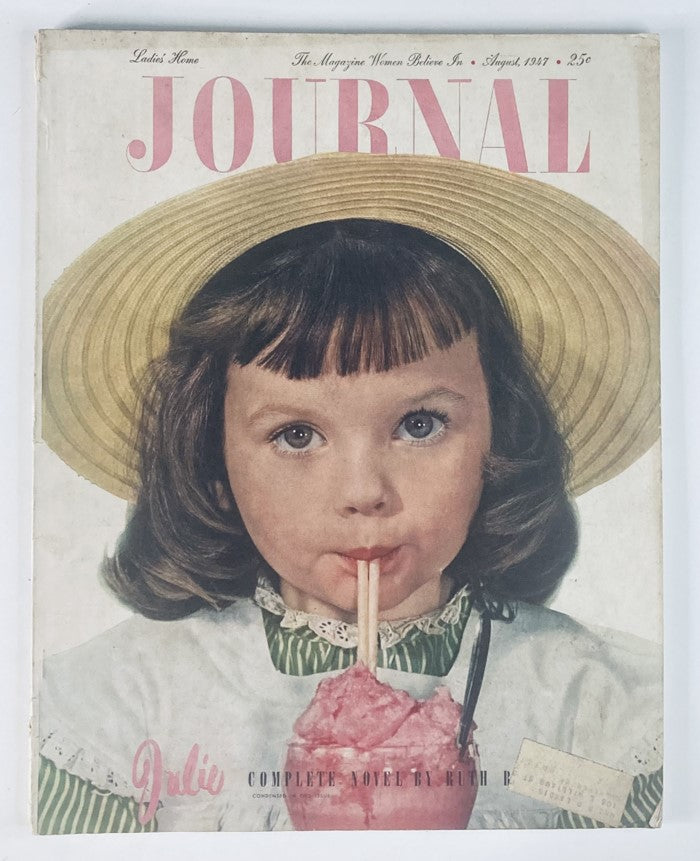 Cover of Ladies' Home Journal Magazine August 1947, featuring a young girl with a straw hat enjoying a pink ice treat, highlighting the theme 'Air Power is Peace Power' in Vol 64 No. 8.