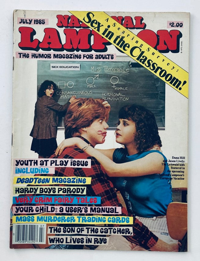 Vintage National Lampoon Magazine July 1985 cover featuring Jason Lively and Dana Hill, showcasing humor from the 1980s with a unique classroom theme.
