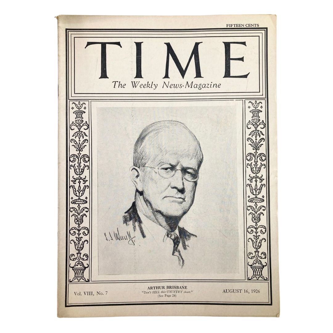 Cover of VTG Time Magazine from August 16, 1926, featuring Arthur Brisbane, highlighting early 20th-century journalism and culture.