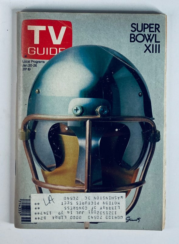 Cover of TV Guide Magazine January 20, 1979 #1347 featuring Super Bowl XIII, showcasing a vintage football helmet design.