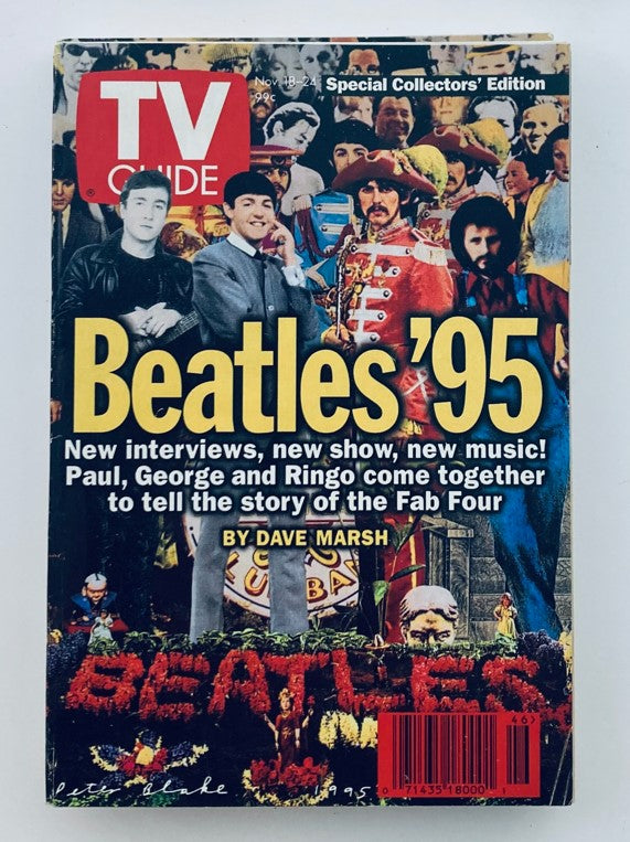 TV Guide Magazine cover from November 18, 1995, featuring The Beatles, titled 'Beatles ’95'. The cover highlights new interviews and music associated with the band, prominently displaying the iconic logo and artwork.