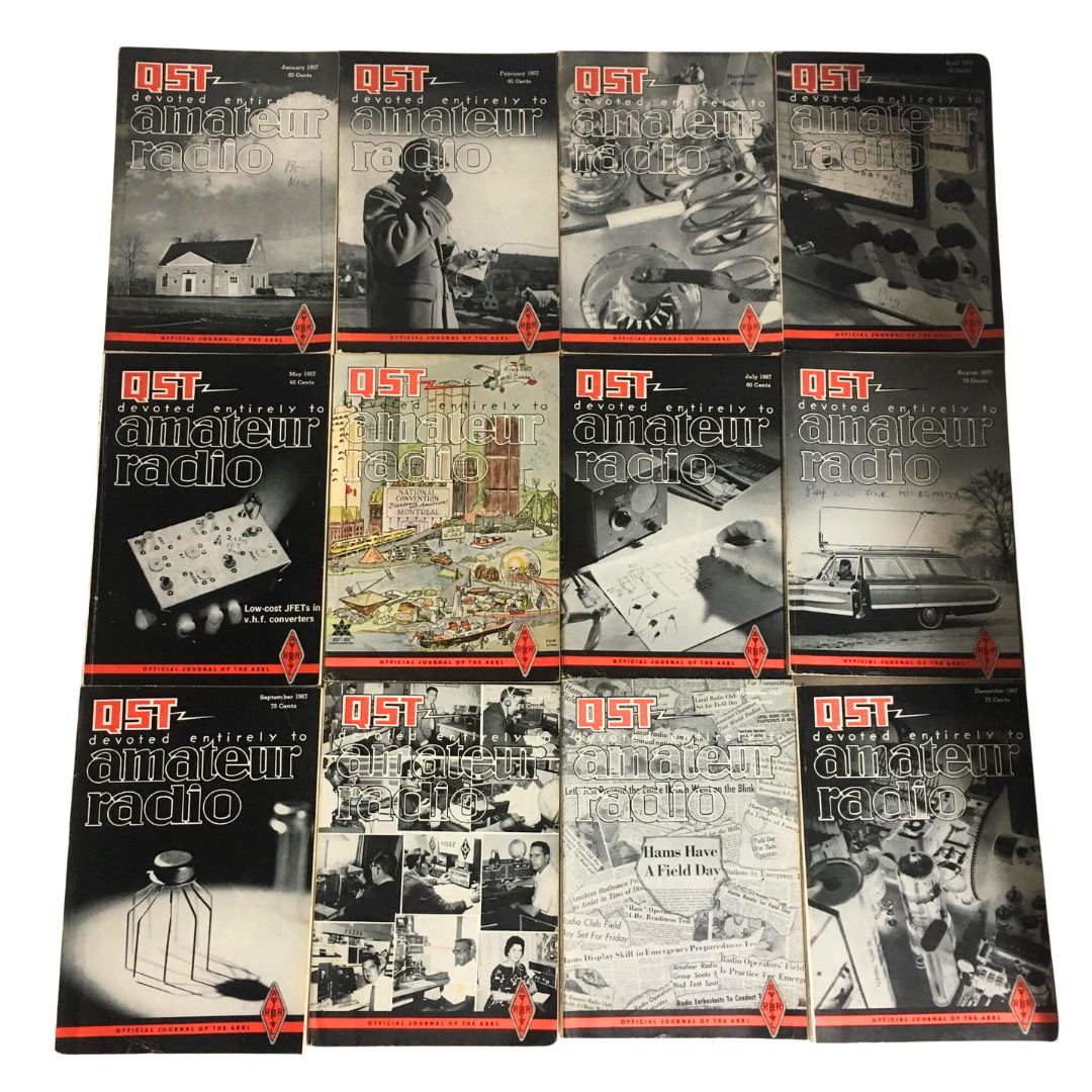 Lot of 12 Complete January to December 1967 QST Amateur Radio magazines showcasing various covers and themes from the year's issues.