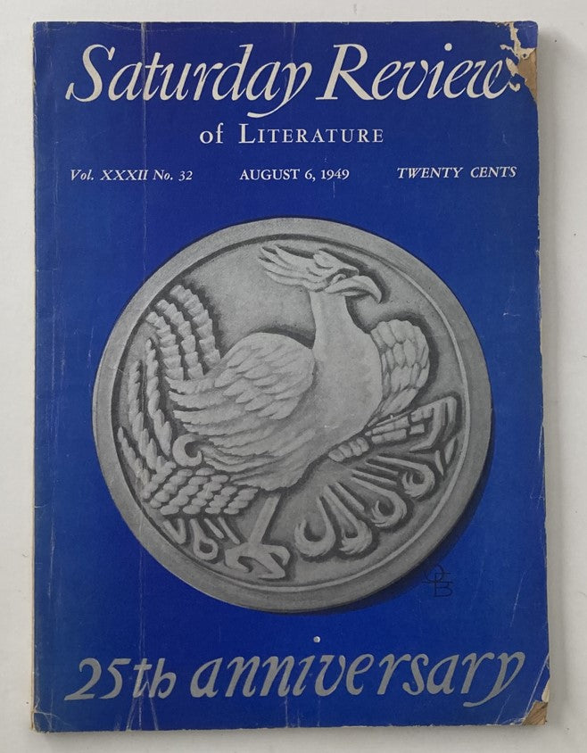 Cover of VTG Saturday Review of Literature Magazine August 6 1949 featuring a blue background, an illustrated emblem, and text marking 25th anniversary.