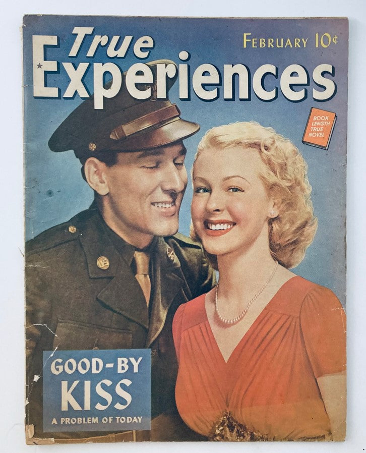Cover of VTG True Experiences Magazine February 1943, featuring the title 'Good-By Kiss' and a soldier with a woman smiling, reflecting the era's romantic themes.