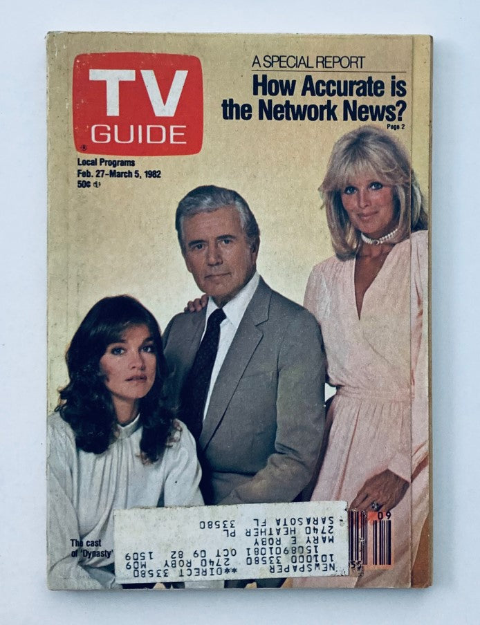 TV Guide Magazine February 27 1982 featuring the iconic cast of 'Dynasty'. The magazine cover displays three prominent actors, capturing the glamor of early '80s television.
