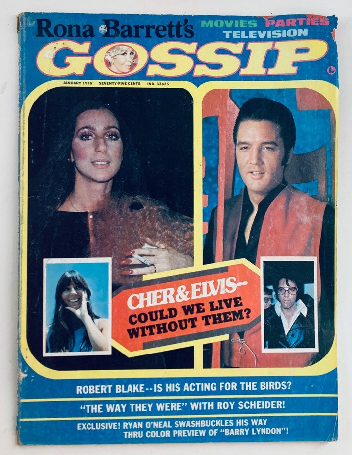Cover of VTG Rona Barrett's Gossip Magazine January 1976 featuring Cher and Elvis Presley, emphasizing pop culture nostalgia.