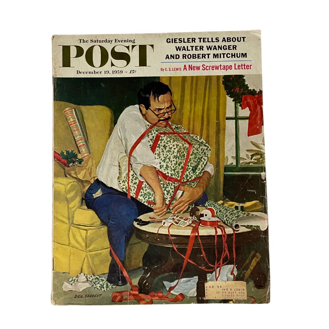 Cover of the Saturday Evening Post Magazine from December 19, 1959 featuring artwork by Sargent depicting a man struggling to wrap a Christmas gift with festive decorations.