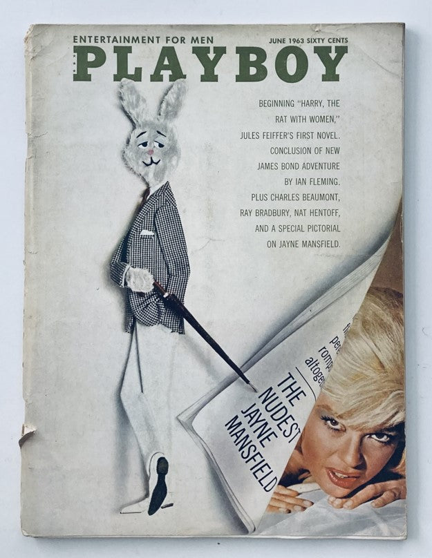 Cover of VTG Playboy Magazine June 1963 featuring a stylish rabbit illustration and highlighting articles including 'Harry, the Rat with Women' and a pictorial on Jayne Mansfield.