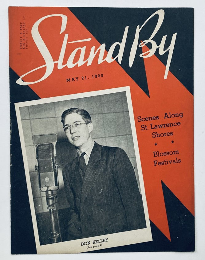 Cover of the VTG Stand By Magazine dated May 21, 1938 featuring Don Kelley, with bold graphics highlighting Blossom Festivals and St. Lawrence Shores.