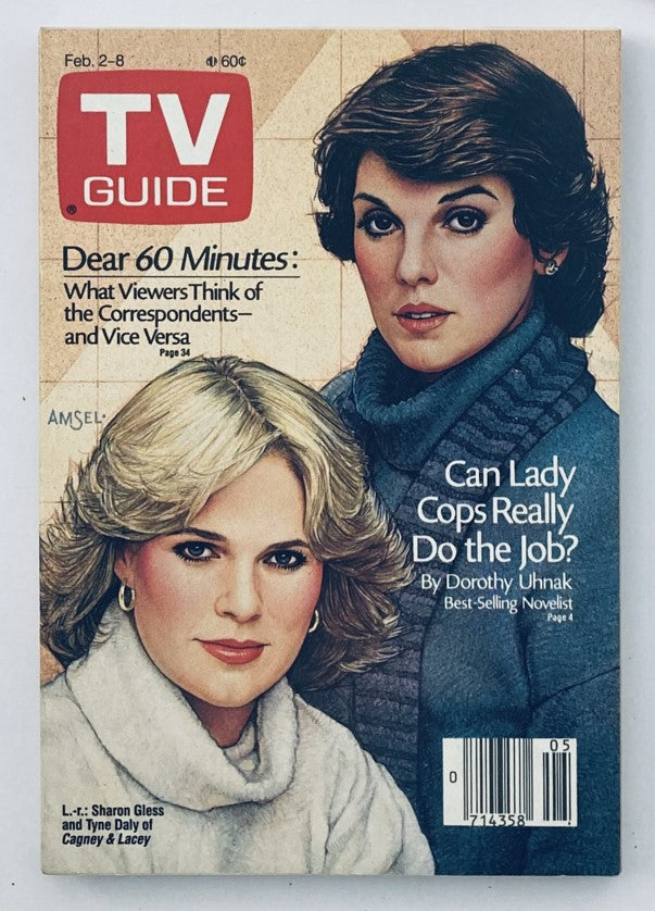 Cover of TV Guide Magazine February 2 1985 featuring Sharon Gless and Tyne Daly, promoting the show Cagney & Lacey, with the question: 'Can Lady Cops Really Do the Job?' and additional details about the magazine issue.