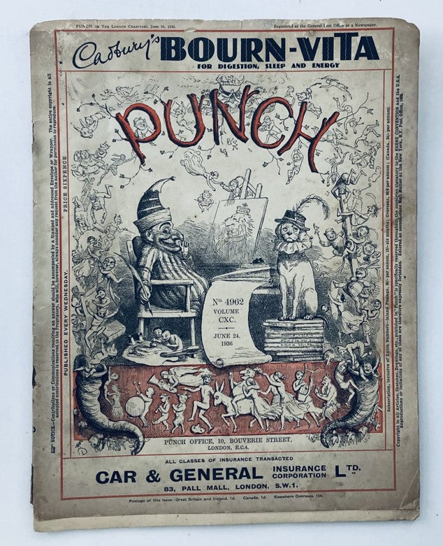 Cover of Punch Magazine June 24 1936, Vol 190 No. 4962, featuring cartoons and humor related to World War II.