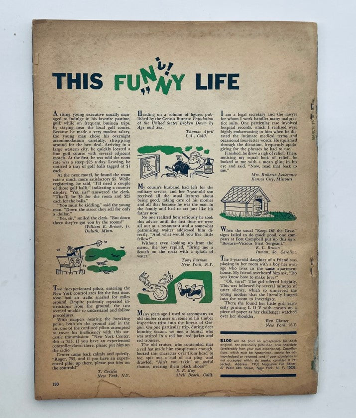 Back page of TRUE The Man's Magazine March 1966 Vol 47 No. 346 with an article titled 'This Funny Life' showcasing humorous anecdotes and illustrations.