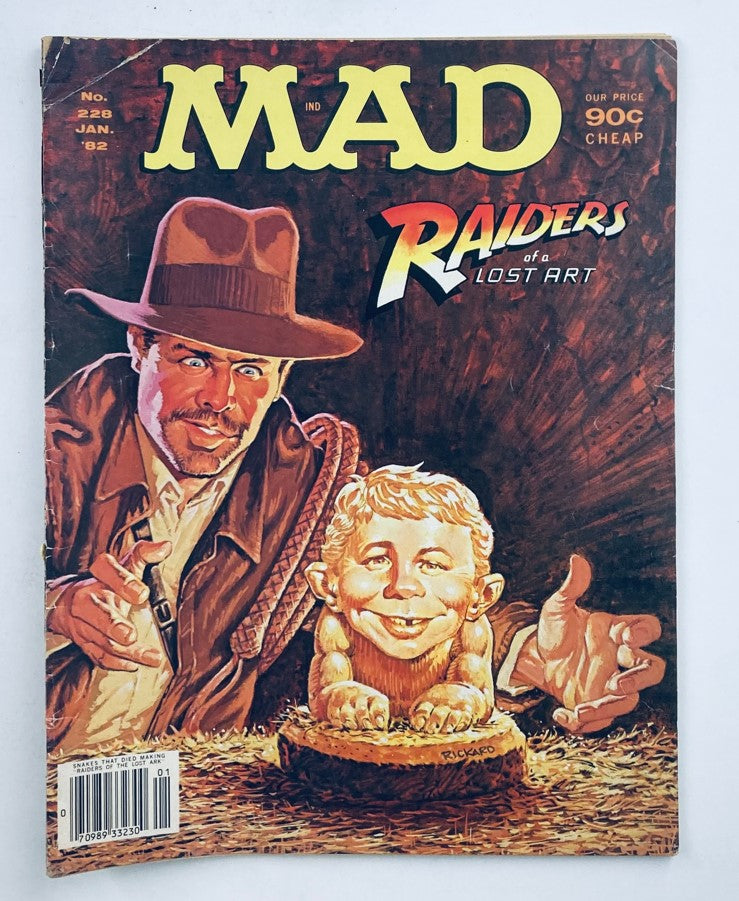 Mad Magazine January 1982 No. 228 Raiders of a Lost Art cover featuring caricatures of characters, showcasing a humorous depiction related to film and pop culture.