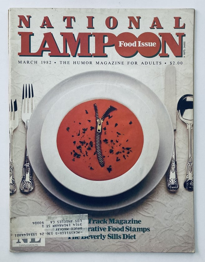Cover of Vtg National Lampoon Magazine March 1982 Vol 2 No 44 featuring a humorous depiction of food with a zipper in a bowl, titled 'Food Issue'.