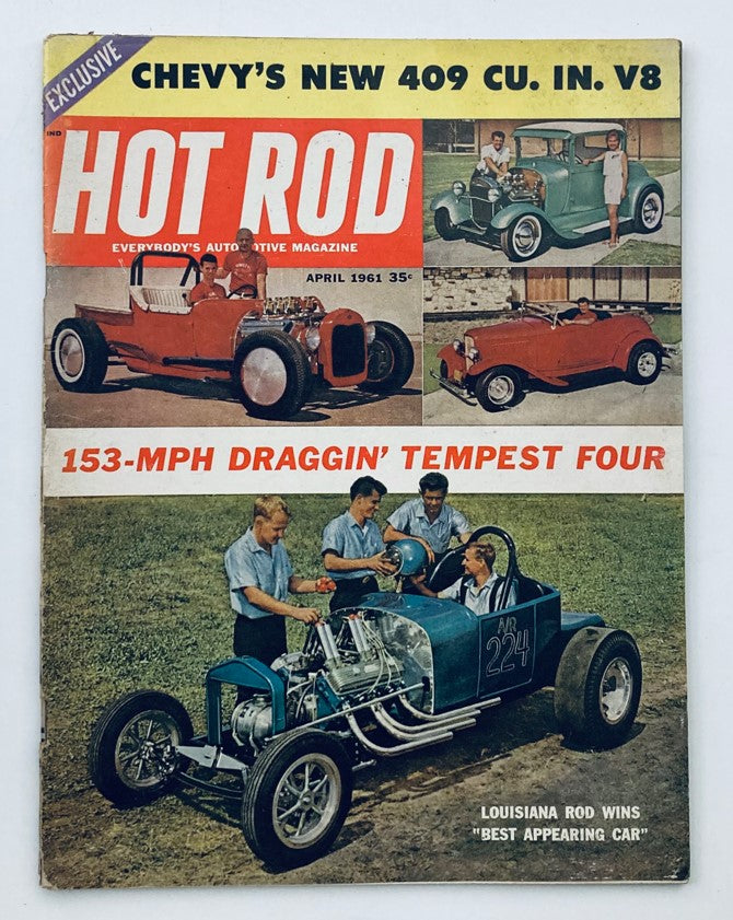 Cover of VTG Hot Rod Magazine April 1961 featuring 153-Mph Draggin' Tempest Four, showcasing various iconic hot rod cars and enthusiasts.