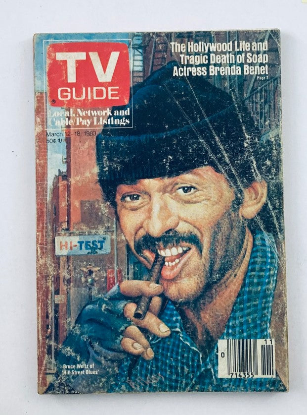 TV Guide Magazine March 12 1983 featuring Bruce Weitz on the cover, showcasing a vintage design with visible wear and tear, ideal for collectors of television history.