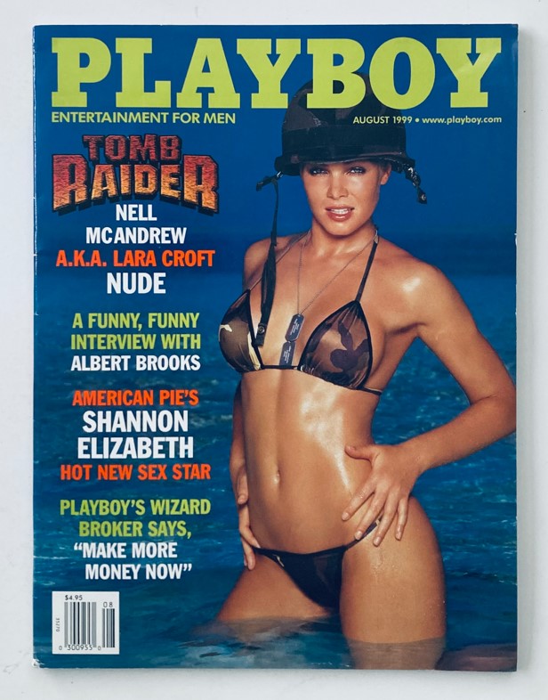 Playboy Magazine August 1999 cover featuring Nell McAndrew in a camo bikini, promoting Tomb Raider and highlighting features like interviews with Albert Brooks and American Pie's Shannon Elizabeth.