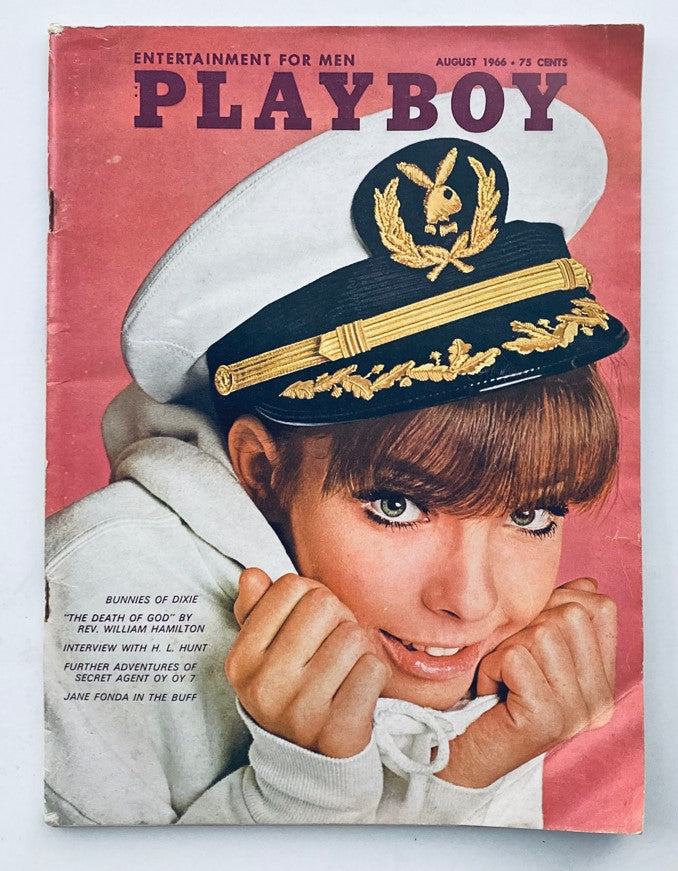 Vintage Playboy Magazine August 1966 cover featuring Susan Denberg, posing in a sailor's hat, showcasing classic 60s style.