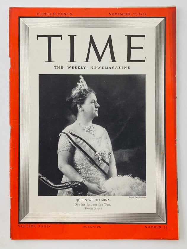 Vintage Time Magazine cover from November 27, 1939, featuring Queen Wilhelmina of the Netherlands, Volume 34 Number 22, showcasing historical editorial design.