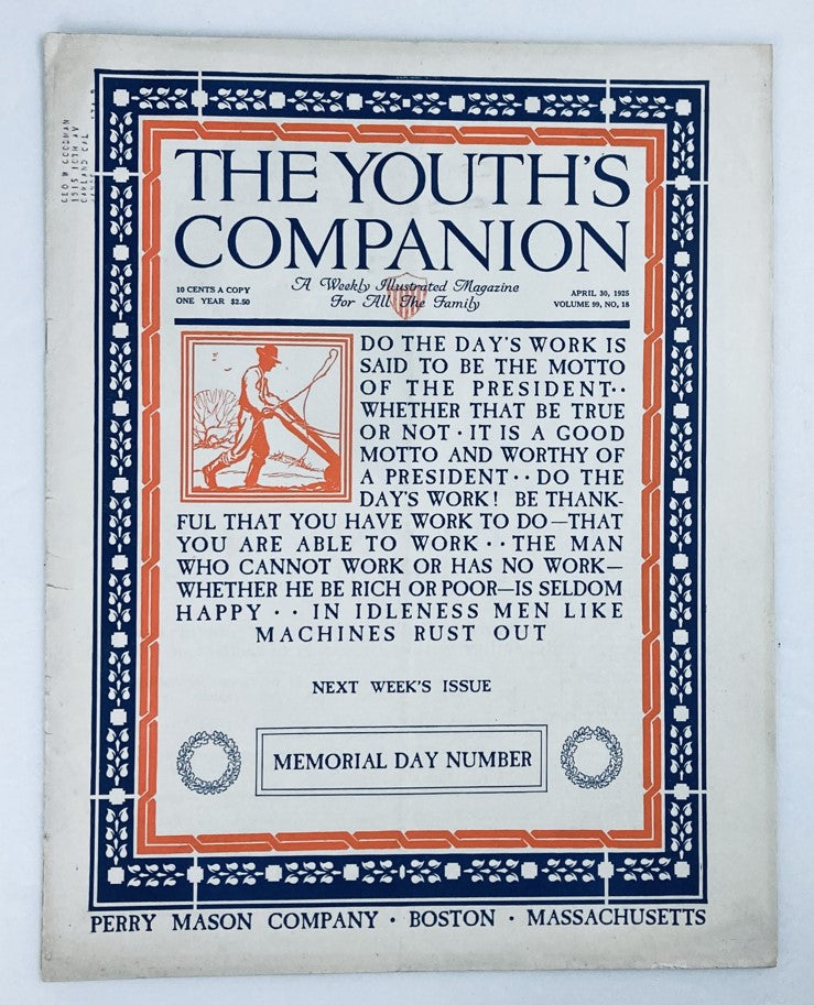 Cover of VTG The Youth's Companion Magazine April 30, 1925, Vol 99 #18 featuring a classic design and intriguing title 'Machines Rust Out', showcasing vintage art and text.